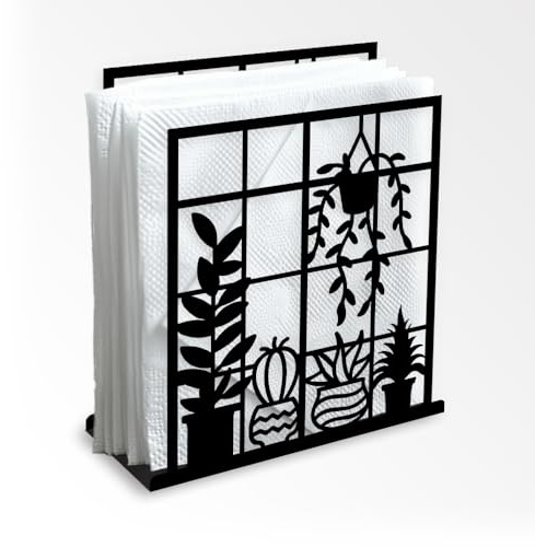 DOODLREAM Potted Plant Decorative Black Metal Napkin Holder for Table, 4.9x5.3x1.9 Window Sill Hanging Basket Standing Napkin Holder for Home Kitchen Restaurant Picnic Party Coffee Bar Dining Room