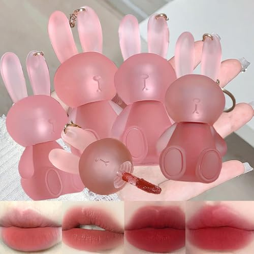 Flüssiger Lippenstift-Set, 4 Farben, samtmatt, niedlicher Hasen-Lippenglasur, 2-in-1-Schlüsselanhänger, Lipgloss, Lippenfleck, wasserdicht, antihaftbeschichtet, langlebig, niedliches Lippen-Make-up