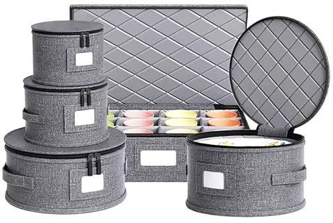 CEIEVER Felt Plate Storage 5Pcs, China Storage Containers Set for Dinnerware Storage and Transport Dishware Carrying Case with Dividers,for Plates, Bowl, Cup Home Use