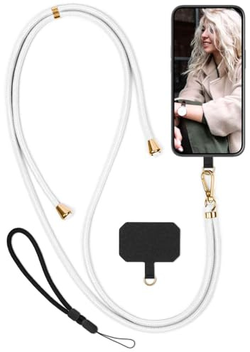 moex Unleash für iPhone 17 Pro Handyband zum Umhängen ohne Hülle, Handykette Universal mit Karabiner, Handy Band abnehmbar, Kette mit Pad für Handyhülle, Weiß, Gold