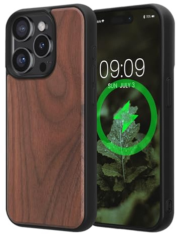 kwmobile Echtholz Schutzhülle kompatibel mit Apple iPhone 15 Pro Hülle - Cover aus Holz und TPU - Kompatibel mit MagSafe - Case in Dunkelbraun Walnussholz
