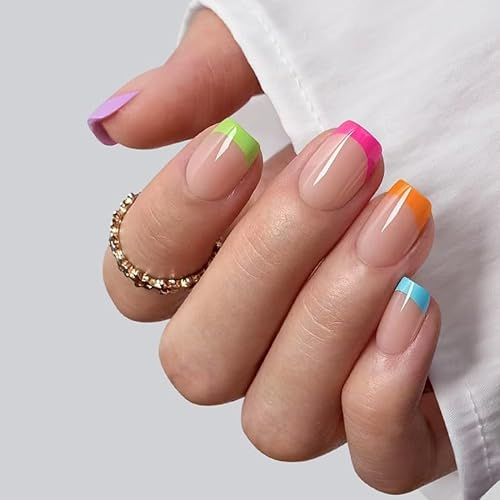 Colorful French Press on Nails Short Square Fake Nails Pink French False Nail Design Purple Orange Green Glossy Acrylic Nails for Women Girls DIY Manicure Decoration 24Pcs
