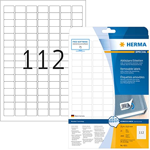 HERMA 4211 Universal Etiketten ablösbar, 25 Blatt, 25,4 x 16,9 mm, 112 pro A4 Bogen, 2800 Stück, selbstklebend, bedruckbar, matt, blanko Papier Klebeetiketten Aufkleber, weiß