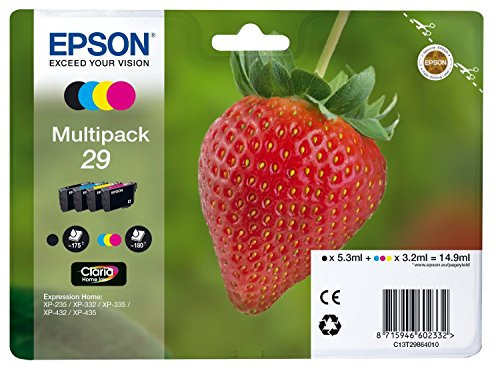 Epson 29 CMYK 3,2 ml 5,3 ml, Tintenpatrone gelb – schwarz (schwarz, cyan, magenta, gelb Tintenpatronen, für Epson Expression Home xp-235/332/335/432/1435, Standard 5,3, 3,2 FL OZ, Inkjet)