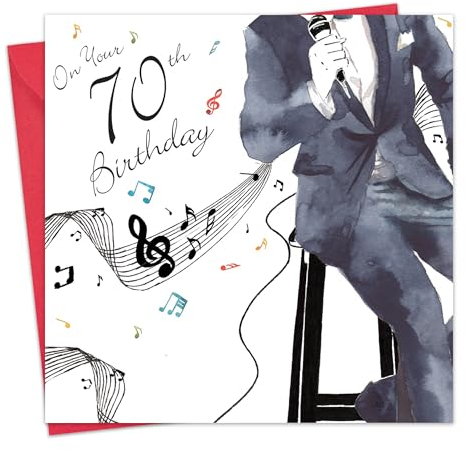 Twizler Geburtstagskarte für Herren zum 70. Geburtstag, mit Silberfolie, einzigartiger Aquarell-Effekt, Motiv: Musik und Sänger, Karte zum 70. Geburtstag