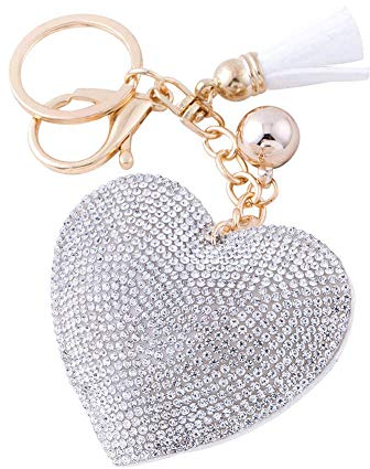 Soleebee Glitzer-Schlüsselanhänger, Premium-SS6, Kristall-Quaste, Schlüsselanhänger, Ledertaschen-Anhänger für Damen und Mädchen, Love Heart Weiß, Einheitsgröße