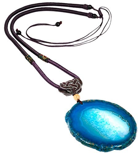 mookaitedecor Blue Agate Geode Crystal Pendant,Healing Semi Precious Gemstone Necklace with Adjustable Rope for Women Men