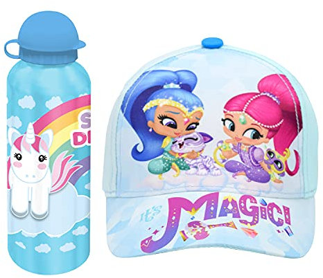 Shimmer & Shine Summer Cotton Baseball Cap with Unicorn Sweet Dream 500ml Blue Aluminum Water Bottle, Summer Accessories for Kids Girls 3+ Years