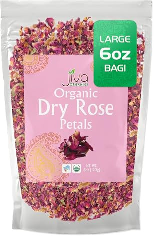 Jiva USDA Organic Dried Red Rose Petals 6 Oz (170g) Large Bag - Food Grade, Edible Flowers - Use in Tea, Baking, Making Rose Water, Crafting, Wedding Confetti