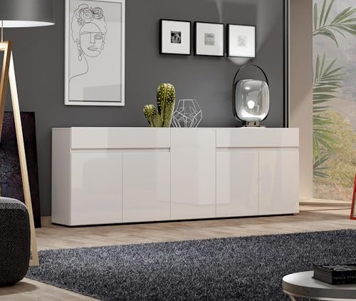 Dmora - Buffet Bethal, Buffet du Salon, Commode de Salon, Garde-Manger de Cuisine, Made in Italy, 225x38h79 cm, Blanc Brillant