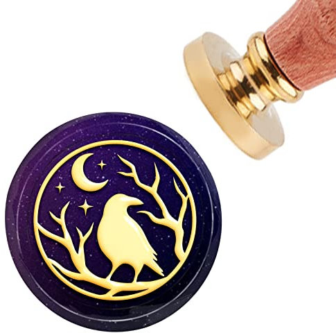 CRASPIRE Krähe Wachssiegelstempel Mond Stern Vintage Siegelwachsstempel Tier 30 mm Abnehmbarer Messingkopf Siegelstempel mit Holzgriff für Hochzeitseinladungen Abschlussfeier Umschläge Wrap