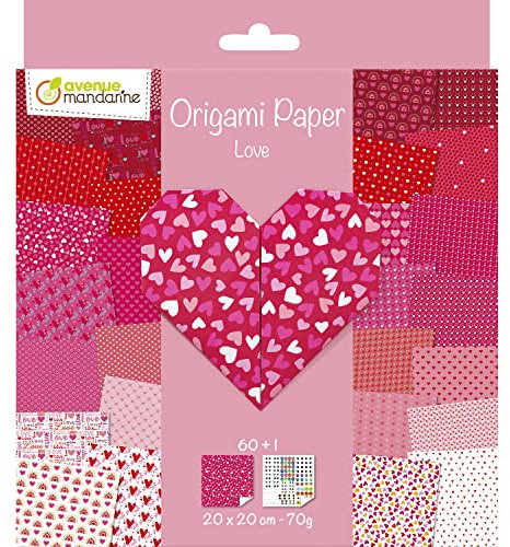 Avenue Mandarine OR518C – Origami Paper, Love – Paquete de 60 hojas Origami 20 x 20 cm 70 g (30 diseños x 2 hojas) – Una tabla de pegatinas de ojos incluidas – A partir de 5 años