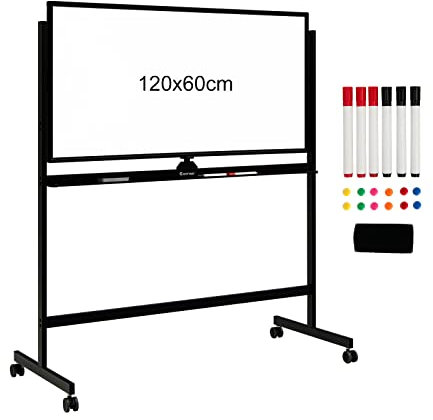 COSTWAY Tableau Blanc Effacable sur Pied 120 x 60 cm, Double Face, Tableau Blanc Magnétique, 2 Hauteurs Réglables, 6 Marqueurs, 12 Aimants, 1 Gomme, Tableau Blanc Mobile pour École, Bureau (Noir)