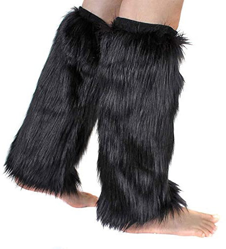 Pinkgarden Womens Fur Leg Warmer Furry Long Boot Cuffs Cover, Black