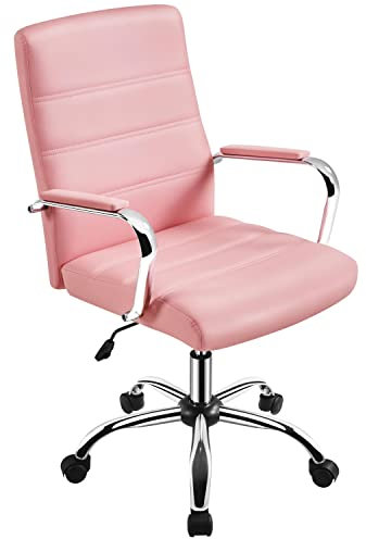 Yaheetech Adjustable Office Chair Ergonomic Swivel Leather Task Executive Chair with Back Support and Arms for Makeup Pink