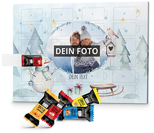 PhotoFancy – Foto Adventskalender mit hochwertiger Lindt HELLO-Schokolade in 4 Sorten – mit eigenem Bild bedruckt - Design Schneemann