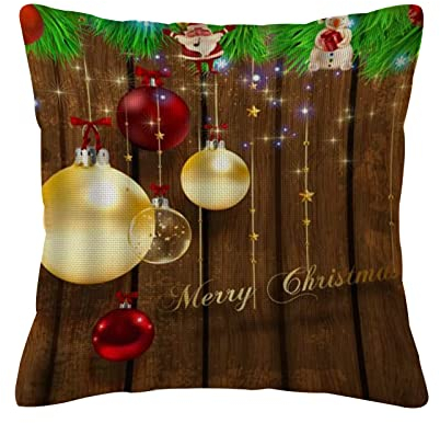 Kissenbezüge aus Baumwollleinen,Merry Christmas Ornament Balls nostalgisch rustikal Holzbrett Feiertagsfeier, Quadratischer Kissenbezug Home Sofa Dekoration Kissenbezug 18 x 18