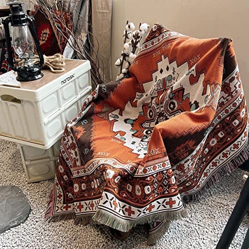 iyoimono Boho-Decke mit Fransen 130x160cm Gewebte Tagesdecke im Ethno-Stil Geometrische Sofaüberwurf Strickdecke Quasten Jacquard,Dekorativ für Zuhause,Büro,Reisen, Zelten