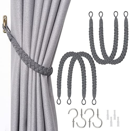 Pretty Jolly 4 Pack Natural Cotton Rope Curtain Tiebacks Elegant Boho Style Decorative Drape Tie Backs Soft Hand-Woven Rope Curtain Holdbacks with Metal Hook for Home & Office Drapery (Dark Grey)
