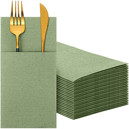 150 Pieces Paper Linen Napkins Disposable Airlaid Dinner Napkins Prefolded Guest Hand Towel with Built in Flatware Pocket for Silverware Valentine Spring Wedding Reception Bridal (Sage Green)