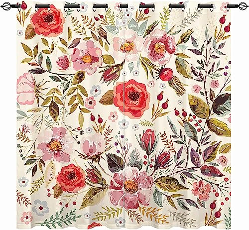 YUANZU Vintage Vorhänge Boho Stil Aquarell Blumen Ösen Gardinen mit Blickdichte Thermo Vorhang Kälteschutz Blackout Curtain Mädchenzimmer Schlafzimmer Verdunkelung Fenster, 2 Stück, H 114 x B 132 cm