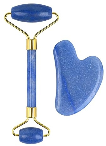 Natürliche Jade Roller Guasha Haut Schaber Gesichts Set Gesichts Stein Straffende Gesicht Anti-Aging Augen Massagegerät Hals Anti Falten Blau,Guasha Und Roller