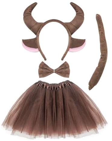 SKHAOVS Disfraz de Toro para niño y niña Accesorios para Disfraz de Toro, Kit de Disfraces de Animales, Orejas Diadema Cola de lazo Tutu, para Carnaval Fiesta Temática Halloween (Marrón)