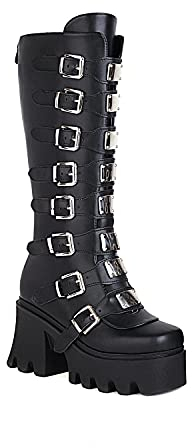 JIFAENY Stivali da donna Punk Goth Piattaforma Gothic Zeppa Chunky Ins Moto Mid-Calf Combat Ginocchio High Zipper Stivali, nero opaco, 44 EU