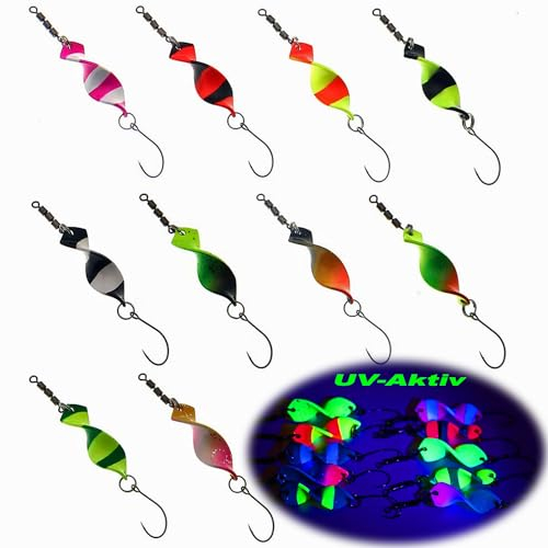 Njord Kalastus Lot de 10 cuillères à truite Mega Twist 2024 dans une boîte à cuillère, pour la pêche à la truite, clignotants pour truite, pêche à la truite, cuillère, truite, cuillère, truite,