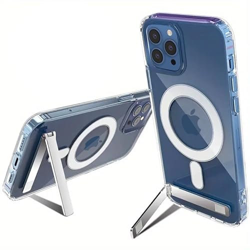 Magnetic Stand iPhone 12/12 Pro Mag-Safe Case 6.1-Inch Clear Transparent with Metal Stand Shock Absorption Bumper Slim Protective Cover to Protect Compatible for MAG-SAFE Charging iPhone 12/12 Pro