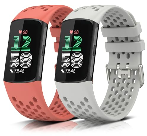 KeeFos Bracelet Compatible avec Fitbit Charge 6/5 - 2 Pièces Sport Silicone Souple Strap - Rose et Blanc