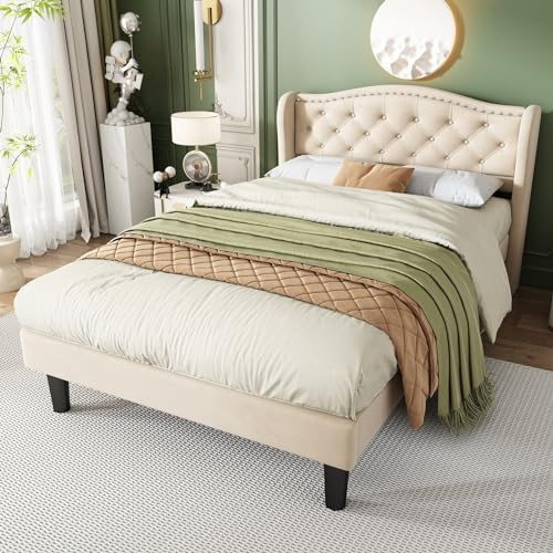 Daesar Einzelbetten 90x200, Polsterbett Bettgestell mit Lattenrost aus Holz und Samtigen Kopfteil, Jugendbett für Kinder Jugendliche Erwachsene, Beige