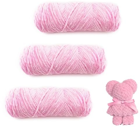 SacJkt Chenille Wolle, Chenille Wolle zum Häkeln,3 Rolle Flauschige Weich Plüschwolle, Häkelgarn Wolle Zum Stricken & Häkeln, Perfekt für Kunsthandwerk(Rosa)