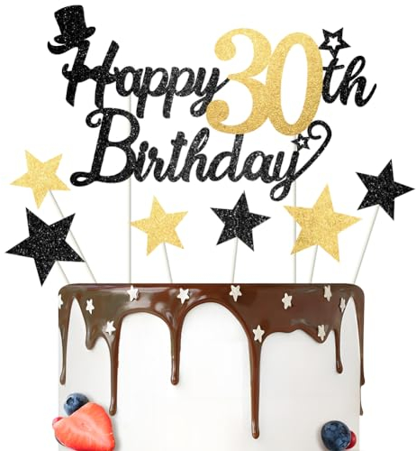 Glitter Happy Birthday Cake Topper Black Gold Gliter Happy 30th Birthday Cake Topper for Mens 30th Birthday Cake Decorations 7PCS by RichMoho