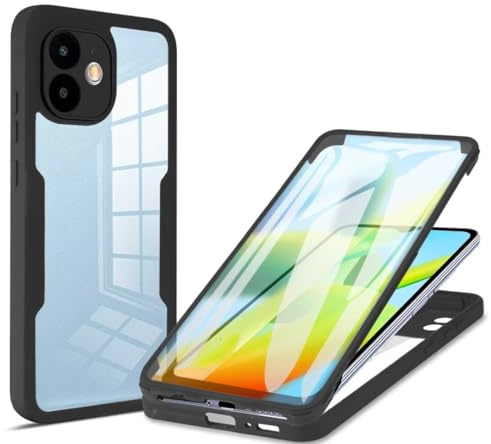 FMPCUON Funda Compatible con Realme C30/C33/C30S, Carcasa Móvil de Protección 360° 2 en 1 Protector Caso Case Cover Cubierta, Vidrio Templado Frontal y Posterior de diseño de una Pieza, Negro