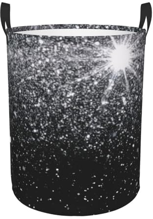 Circular Laundry Basket/Shiny Silver Glitter/Foldable Dirty Clothes Storage Hamper, With Handles, Water Resistant, For Bedroom Bathroom Storage Bins 50x40cm
