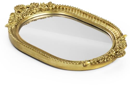 GUOER Vintage Antique Decorative Tray Bathroom Tray Vanity Tray Decor Gold Tray Mirror Tray for Dessert Table Coffee Table Vanity Home Decor Serving Tray with Handle