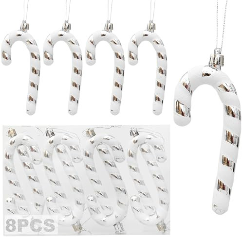 8Stck Glitzer Zuckerstangen Weihnachtsbaum Deko Silber Weiß,13CM Zuckerstangen Deko Weihnachten Anhänger Christbaumschmuck Silber Weihnachtsbaumanhänger Zuckerdekor Weihnachtsdekoration Baumschmuck