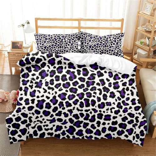 Tomifine Leopard Print Duvet Cover Set Leopard Quilt Cover with Pillow Cases Bedding (Single 135 x 200 cm,Purple)