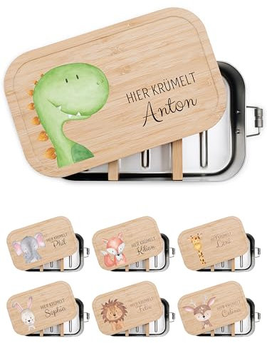 wunderwunsch® - Personalisierte Brotdose für Kinder - Robuste und Individuelle Edelstahl Brotdose mit Namen - Personalisierte Geschenke für Kinder (klein Edelstahl,Dino)