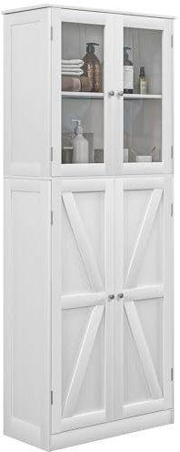 Homcom - Mueble de baño, armario de baño, con dos armarios de doble puerta de cristal templado, diseño antivuelco, 60 x 30 x 160 cm, color blanco