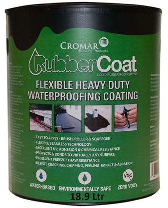 CROMAR – RubberCoat High-Performance Waterproof Coating | Flexible Heavy Duty Roof Waterproofing Coating Sealant for Concrete – Masonry – Wood – Brick – Metal Foam And More | Black – 18.9L