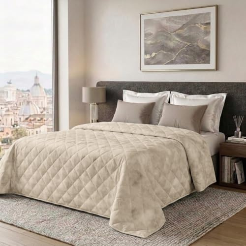 Trapunta Leggera Matrimoniale 100% Puro Cotone Certificato Nebula Beige | Trapuntino Matrimoniale Mezza Stagione, Imbottitura 100 gr, Traspirante, Anallergico e Antibatterico, Ideale per 4 Stagioni