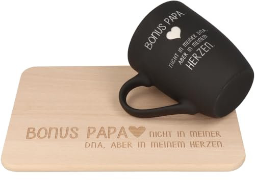 Spruchreif | 2-teiliges Geschenkset Bonus Papa | Geschenk Stiefpapa | Frühstücksbrettchen zum Vatertag | Soft-Touch Tasse Papa