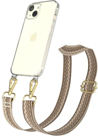 EAZY CASE Handykette - Verstellbares Taschenband kompatibel mit iPhone 15, Schulterriemen, Handykordel mit Silikon Hülle, Umhängetasche, Hell Braun Braun Gold