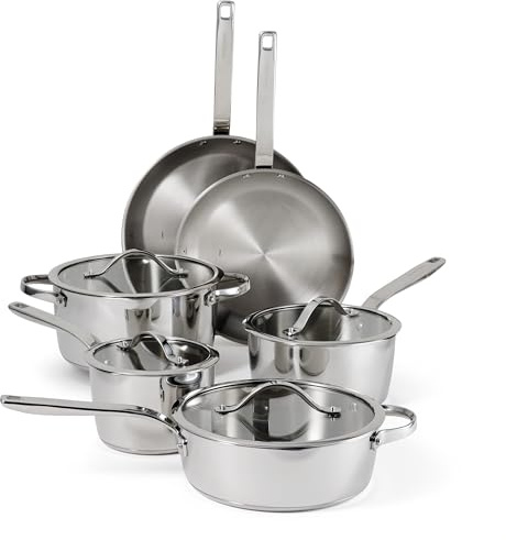 Tramontina Tempo Tri-Ply Base Stainless Steel 10-Piece Cookware Set with Glass Lids, Pots and Pans Kitchen Set, Induction-Ready, Oven-Safe, Dishwasher-Safe