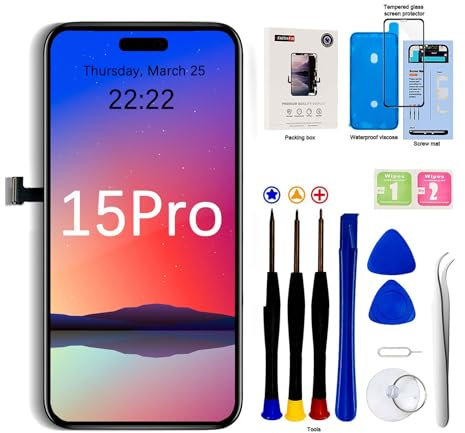 EFaith für iPhone 15 Pro Display, Ersatz Bildschirm 6.1 Full HD Bildschirm,Displayrahmen 3D Touch Screen Digitizer Mit Reparaturwerkzeug und Aus Wasserfest Anhaftendem