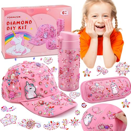 YOOHBERRYS Geschenke für Mädchen, DIY Trinkflasche Baseballkappe Federtasche, Bastelsets Trinkflasche mit Einhorn Aufklebern, Geburtstag Geschenk Schulanfang für Mädchen 4 5 6 7 8 9 Jahre (Rosa)