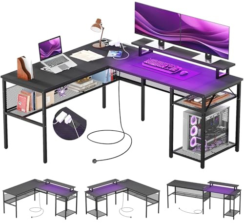 iSunirm L Shaped Gaming desk, 141x117x76cm Computer Desk with Storage Compartment, Office Desk with Reversible Corner Table for Study Play Work Home Office, Carbon Fiber Black