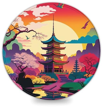 LLONGKT Tapis de Souris Rond de Jeu Japonais Tower (8 Pouces) pour Ordinateur Portable, Bureau, Maison, Accessoire, Gadget